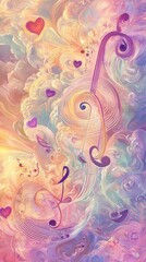 Colorful Musical Notes with Hearts and Swirling Abstract Background