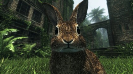 Fototapeta premium Curious Rabbit in Overgrown Ruins, Jungle Setting