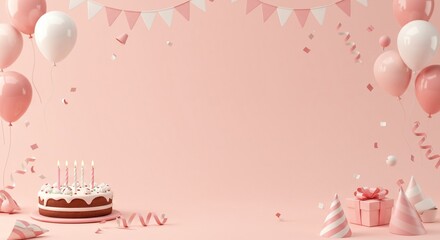 Festive Pink Birthday Party Scene with Cake Balloons and Gifts