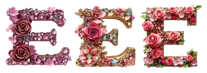 Elegant Floral Letters E, E, E Design on Transparent Background