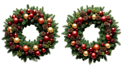  two beautifully crafted Christmas wreaths, each adorned with a rich arrangement of festive ornaments generative ai
