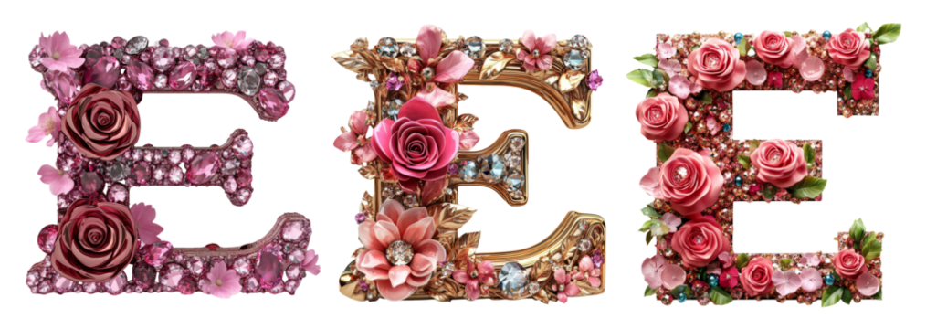 Elegant Floral Letters E, E, E Design on Transparent Background