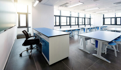 Modern classroom with long tables