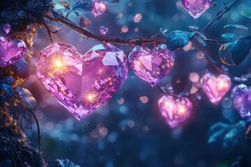 Fototapeta premium Sparkling Pink Hearts Hanging from Lush Greenery in Dreamy Forest