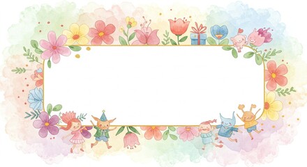 Watercolor Floral Frame with Cute Cartoon Characters Birthday Party Design Blank Space for Text