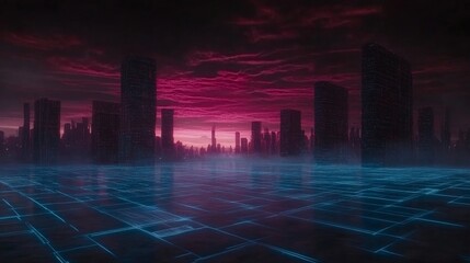 Cyberpunk Cityscape Night Glow Digital Grid