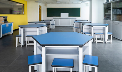 Modern classroom with hexagonal tables