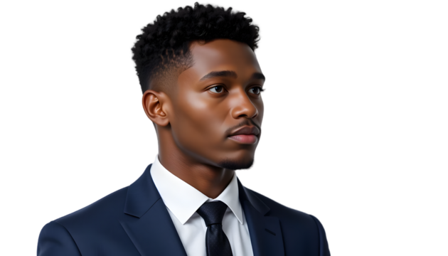 Portrait of a young, handsome African-American man in a suit, looking thoughtfully to his right.
