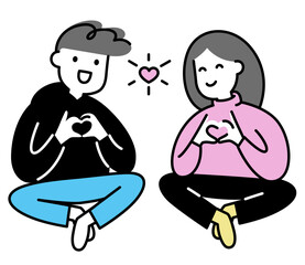 Young man and woman making hearts with hands