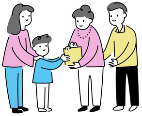 Boy giving a gift to his grandparents