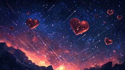 Obraz premium Romantic Cosmic Scene with Hearts and Shooting Stars in Night Sky