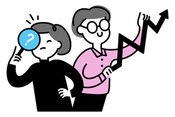 Woman searching and man holding a graph