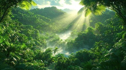 Obraz premium Lush Tropical Paradise: Sunbeams through a Verdant Jungle Canopy