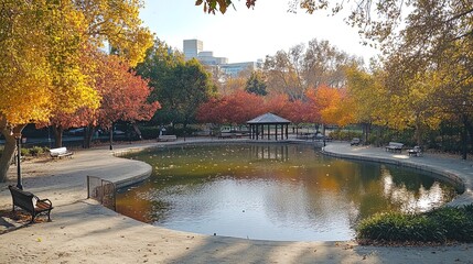 Obraz premium A tranquil park in a bustling city, with a small pond and trees displaying autumn colors