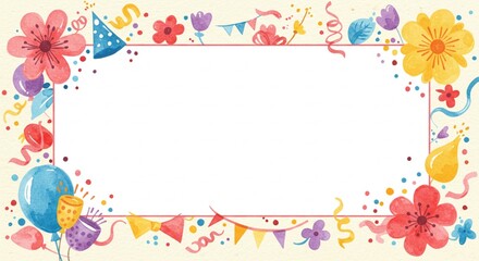 Festive Watercolor Birthday Party Invitation Border Design with Flowers Balloons and Confetti