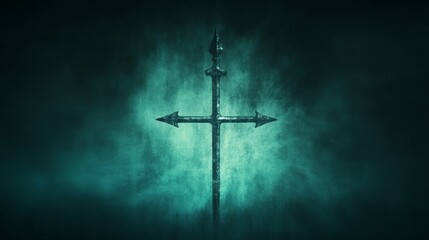 Naklejka premium Dark Cross, Mystical Gothic Cross, Teal Smoke Background