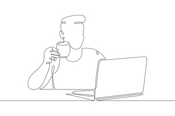 Young man sits working at a laptop computer. Designer manager works on the Internet. One continuous drawing line, logo single hand drawn art doodle isolated minimal illustration.