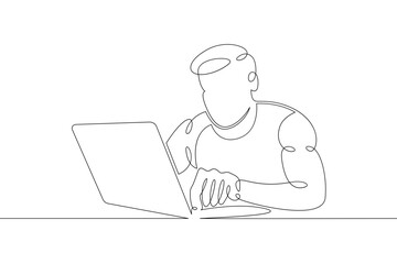 Young man sits working at a laptop computer. Designer manager works on the Internet. One continuous drawing line, logo single hand drawn art doodle isolated minimal illustration.