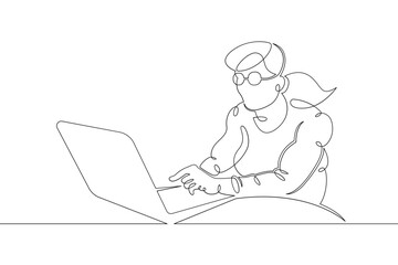 Old man old pensioner sitting working at a laptop computer on the Internet. One continuous drawing line, logo single hand drawn art doodle isolated minimal illustration.