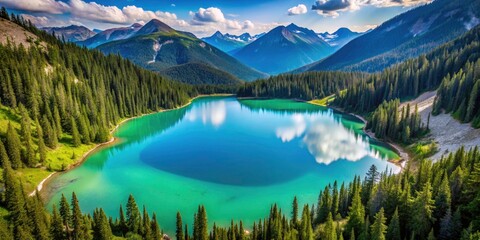 Panoramic Aerial View of Joffre Lake Surrounded by Lush Green Foliage in Spermberton, British Columbia - Two Pink Hearts Highlighting Nature's Beauty
