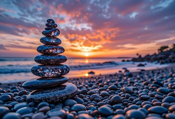 A serene scene of a perfectly balanced stack of smooth, dark stones on a pebble beach at sunset, with a vibrant orange sky and the ocean waves gently lapping at the shore