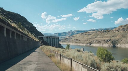Fototapeta premium Scenic View of Dam and River Surrounded by Mountains Under Clear Blue Sky with Fluffy Clouds on a Sunny Day