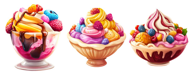 Delicious Ice Cream Sundaes in Vibrant Bowls on Transparent Background