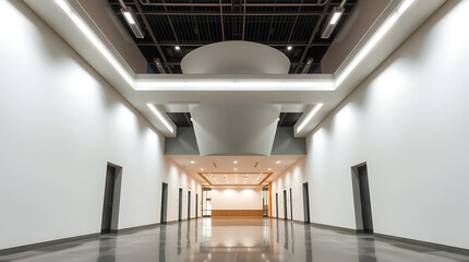 Modern Minimalist Interior: Clean Lines and Bright Spaces in a Contemporary Building. Architectural photography showcasing a sleek, elegant hallway design.
