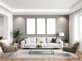 Modern living room interior with a mockup of a stylish wall art, featuring a minimalist aesthetic design, home, decor, mockup