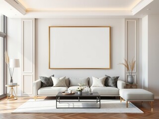 A spacious living room with elegantly designed wall art mockup displayed in a frame, lifestyle, mockup, decor