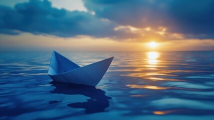 Obraz premium Serene Sunset: A Paper Boat's Journey