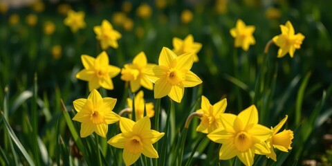 Obraz premium Bright yellow daffodil flowers blooming in a lush green field under the warm sun, beauty, field