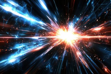 Abstract burst of light with blue and orange rays radiating outward, creating a sense of energy, movement, and explosive dynamics in a cosmic theme of star formation.