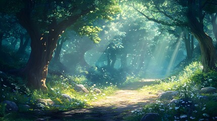 Sunlit Path Through A Lush Green Forest