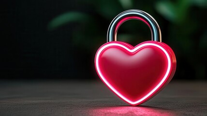 Heart shaped padlock glowing with neon lights, symbolizing secure love, surrounded by Valentine s Day decor