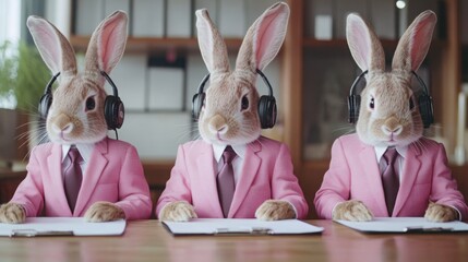 Three rabbits in pink suits and headphones sit at a table, looking engaged as they work or listen attentively in a modern office setting.