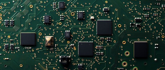Detailed circuit board with electronic components.