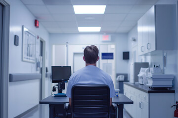 A man in a white shirt sits at a desk in a hospital room