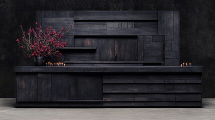 Dark Wooden Bar Counter with Red Flower Arrangement