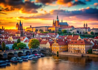 Obraz premium Tilt-shift photography captures Prague's magical sunset, showcasing Hradcany and Charles Bridge.