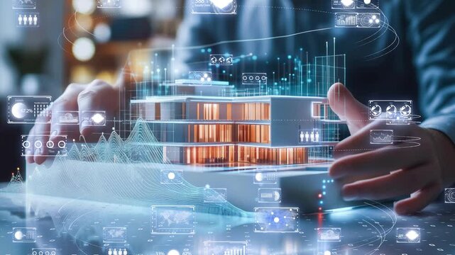Smart real estate concept, businessman holding a futuristic building surrounded by augmented reality analytics