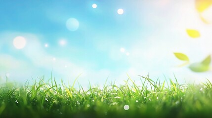 Obraz premium Spring Meadow: Vibrant green grass under a bright blue sky, sparkling with sunlight and bokeh effects, creates a serene and hopeful scene. 