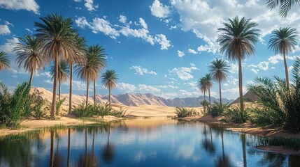 A tranquil desert oasis with a small pond surrounded by palm trees, under a vast blue sky