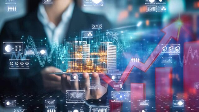 Smart real estate concept, businessman holding a futuristic building surrounded by augmented reality analytics