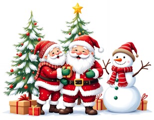 Two Santa Clauses with a Snowman, Christmas Cheer