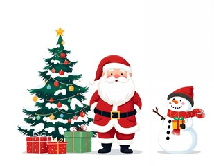 Festive Christmas Scene with Santa, Snowman, and Tree