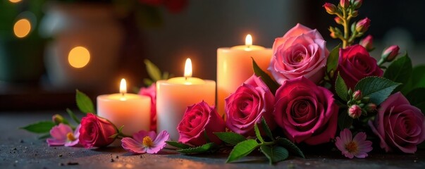 Romantic candlelight illuminates vibrant floral arrangements , setting, centerpiece