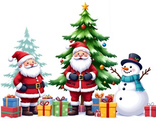 Cheerful Santa Claus, Snowman, and Christmas Tree with Gifts