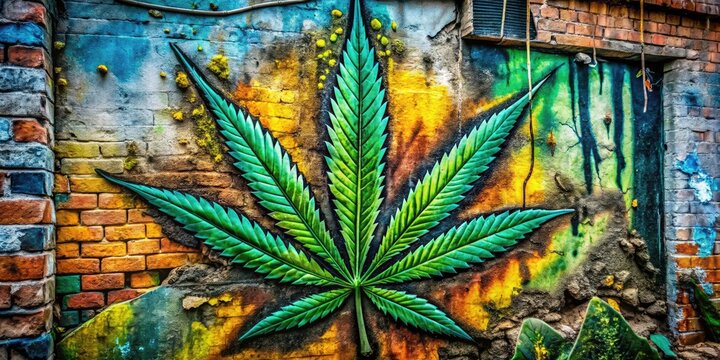 Urban exploration reveals cartoon cannabis leaves and psychedelic weed leaf graffiti art.