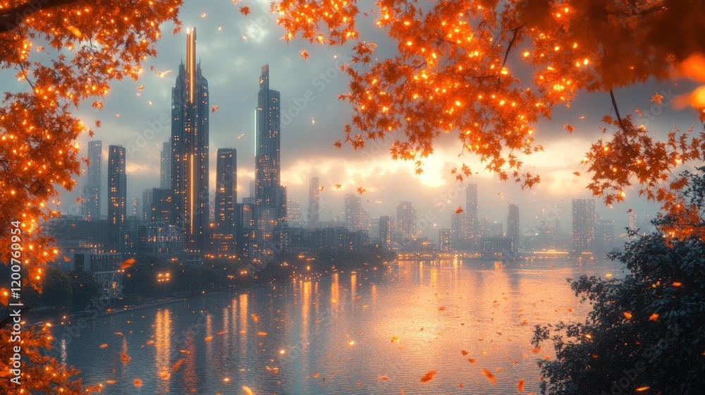 Canvas Prints Autumn leaves fall on futuristic city skyline.